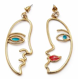 Abstract Picasso Style Face Wire Dangle Earrings Gold Tone Blue Red